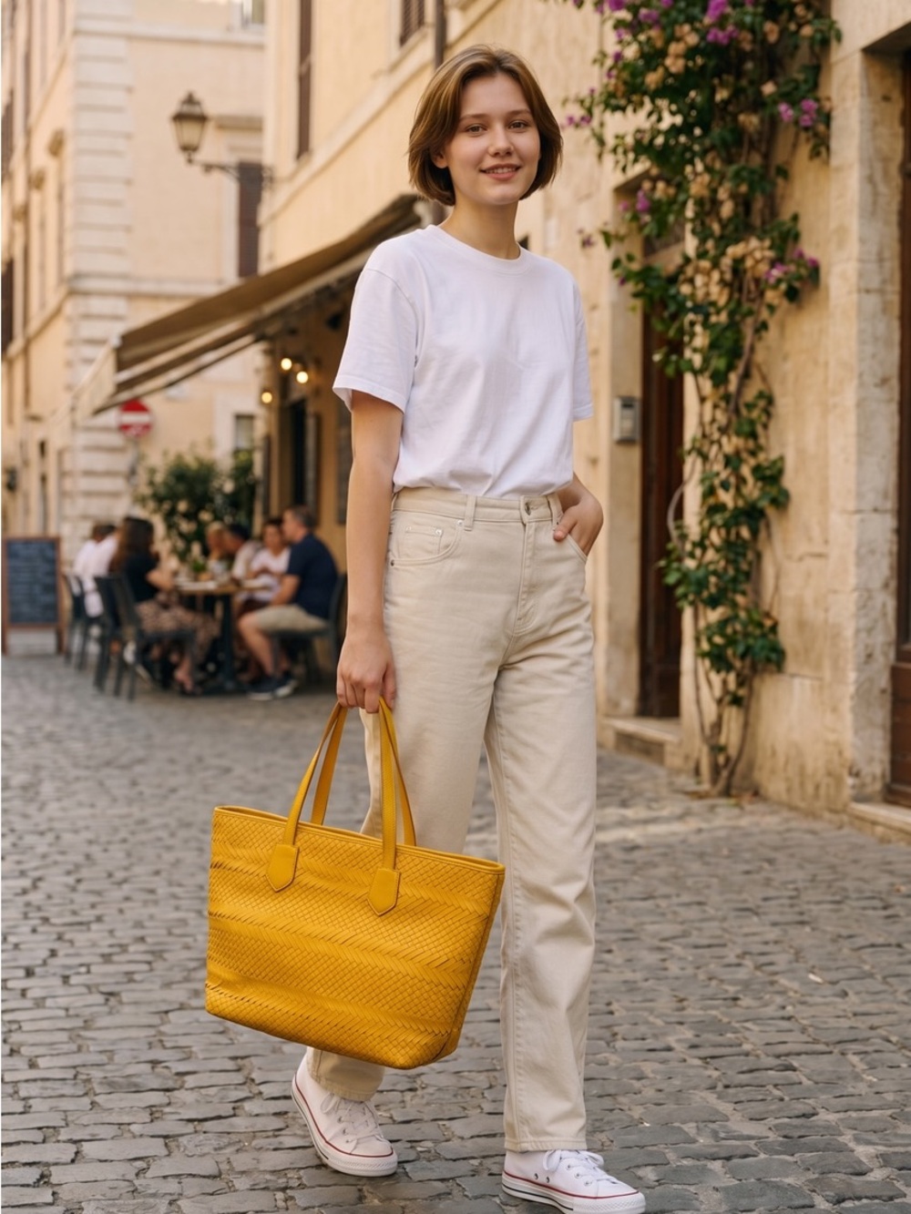 Cole Haan Yellow Genevieve Woven Leather Shoulder Bag 16” x 11” Pristine